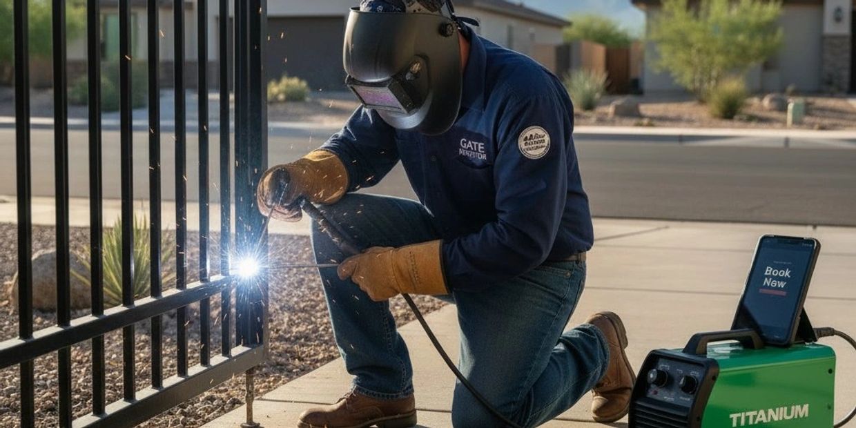 Man welding a metal fence outdoors.