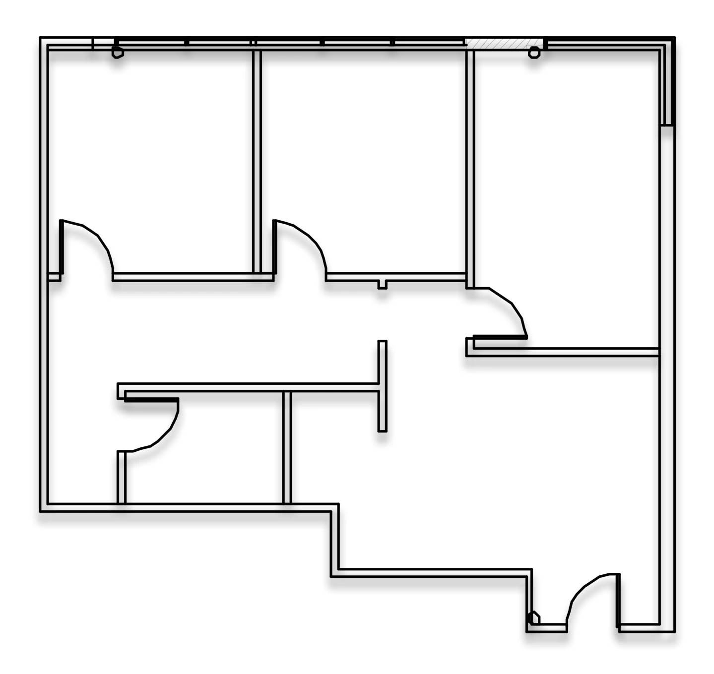 Simple black and white floor plan with multiple rooms and doors.
