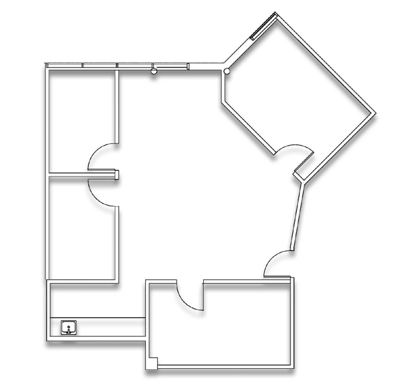 Simple architectural floor plan with multiple rooms and doors.