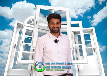 Smiling professional representing 4Side UPVC Windows and Interiors, standing before stylish window designs.