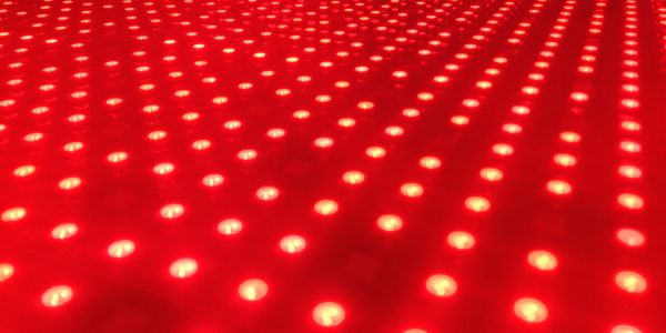 Grid of illuminated red and yellow lights.