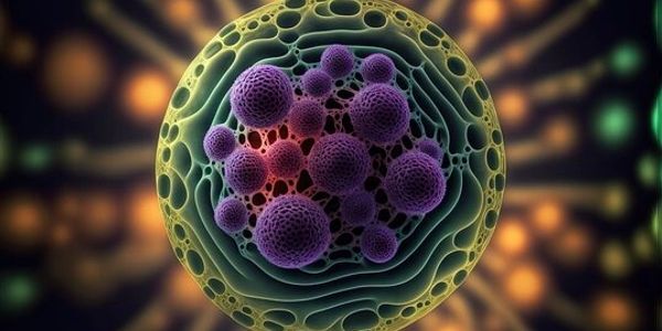 Close-up of a complex microscopic cell with purple organelles.