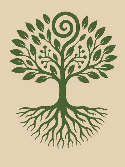 Stylized green tree with leaves and roots on beige background.