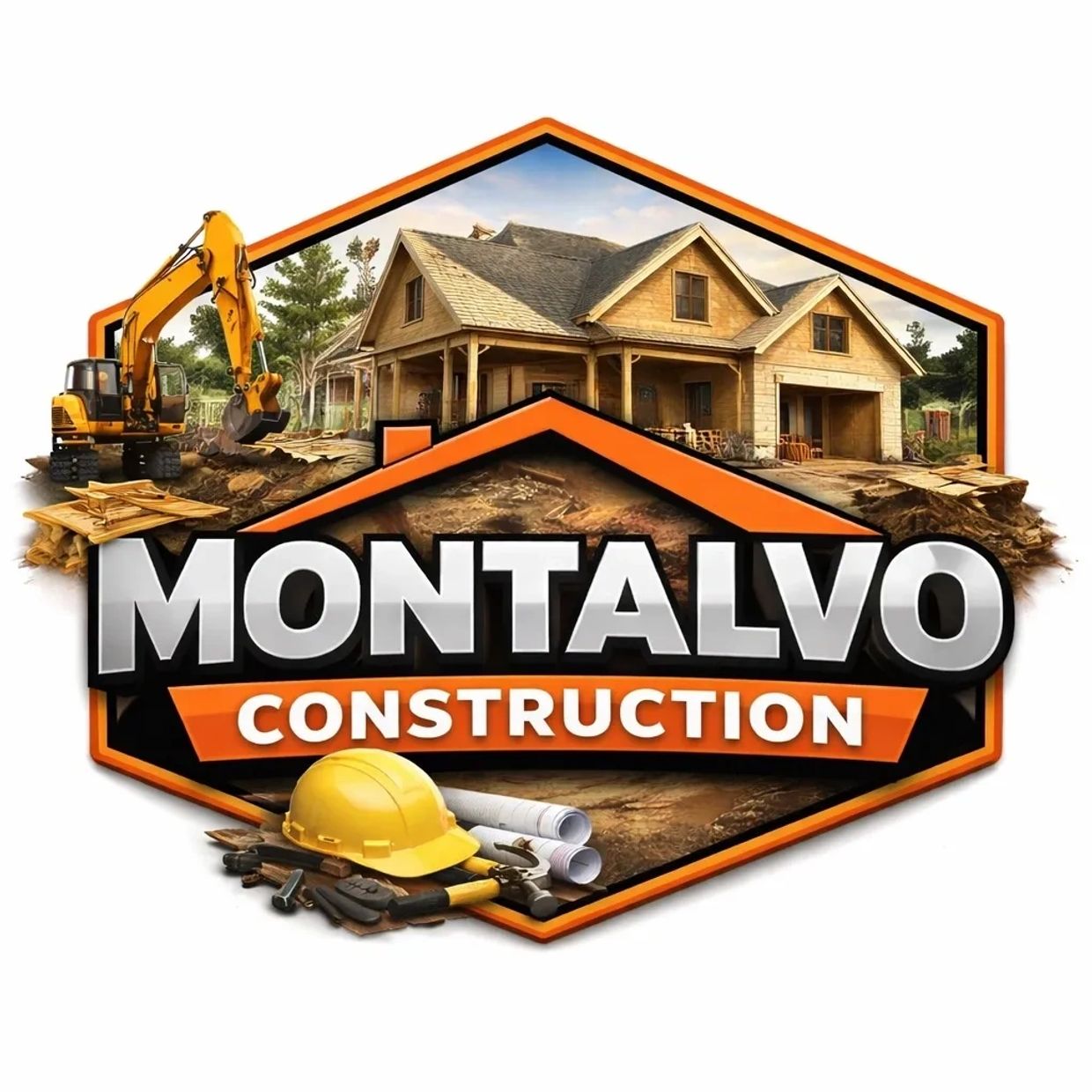 Logo for Montalvo Construction featuring a house, excavator, and construction tools.