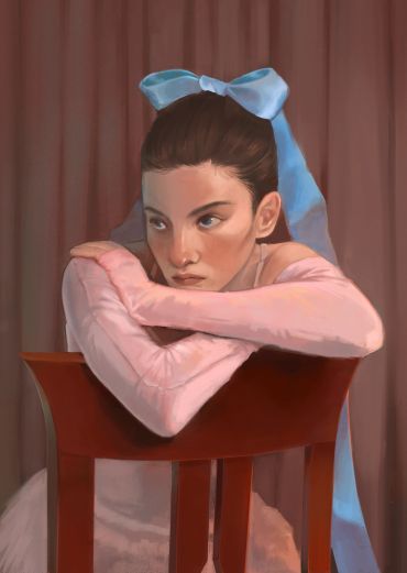 Young woman with blue ribbon resting on chair back.