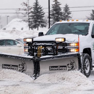 White truck equipped with SnowDogg plow clearing snow.