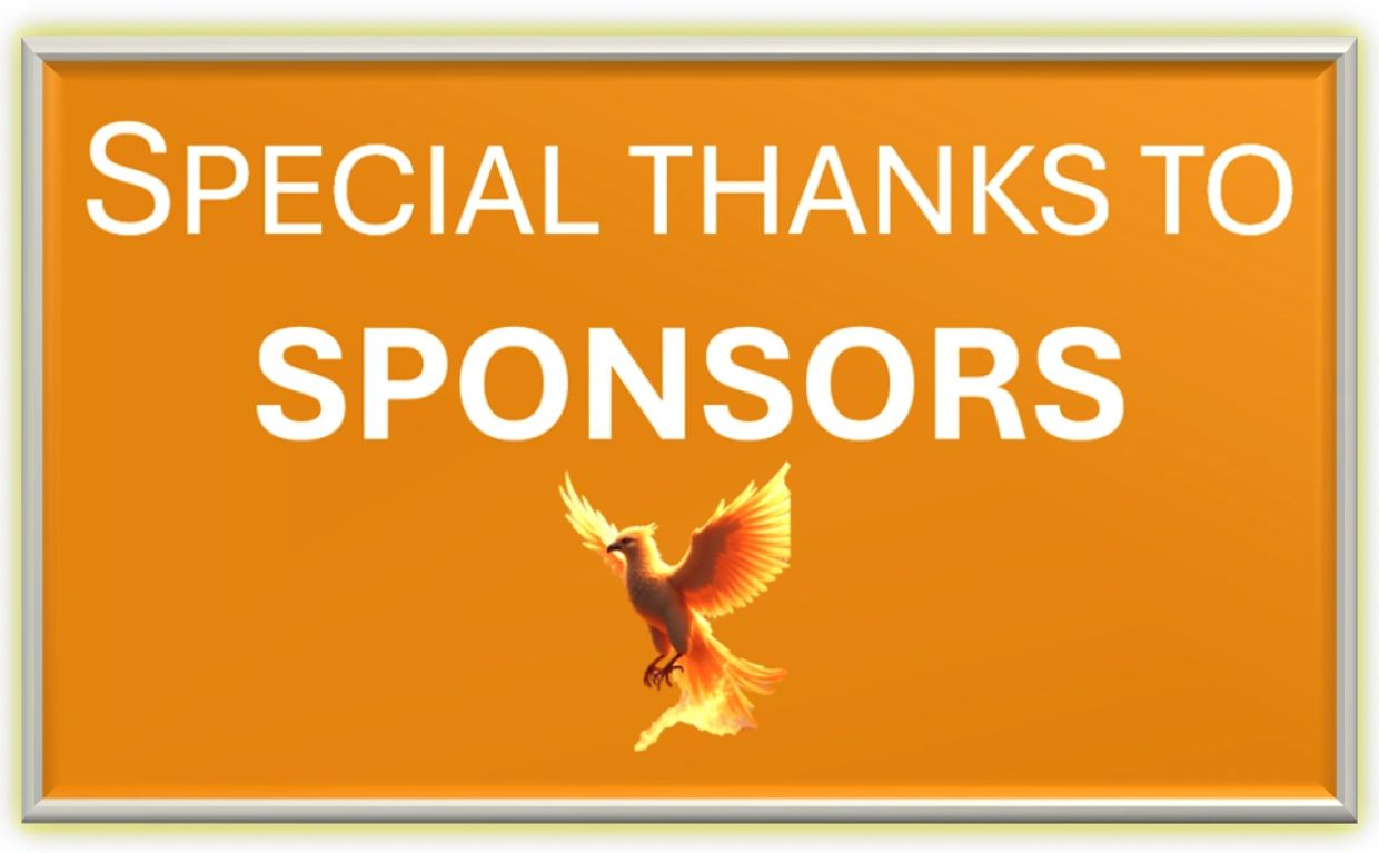 Orange sign with white text thanking sponsors and a fiery bird illustration.