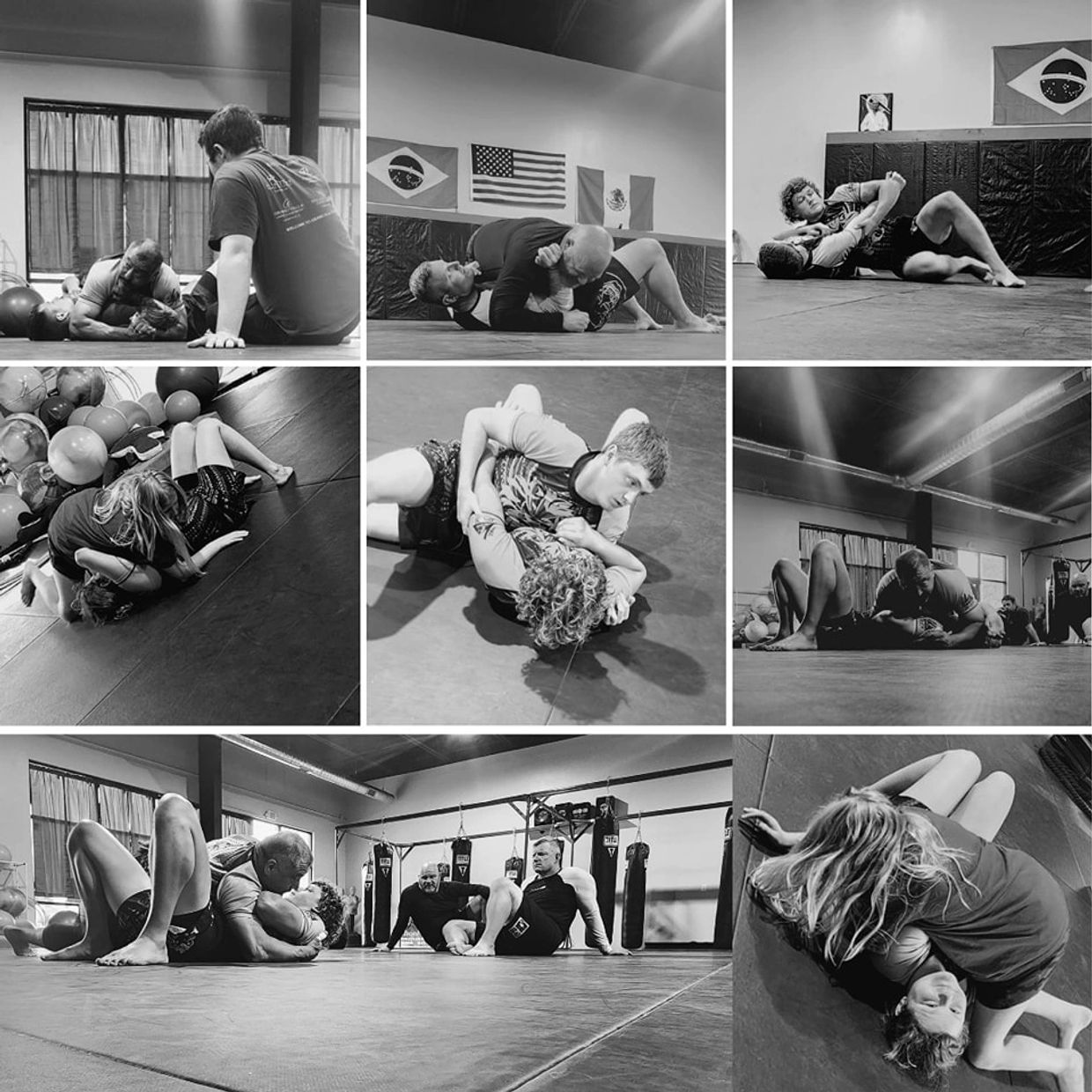 Black and white collage of Brazilian Jiu-Jitsu training scenes.