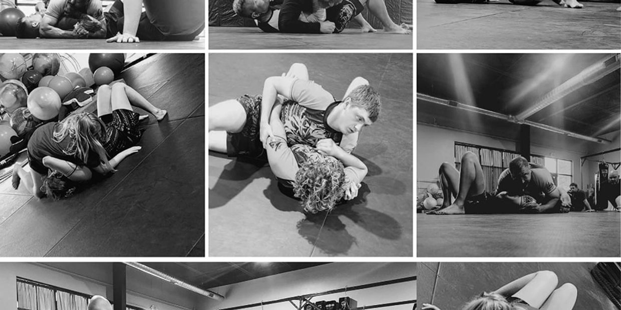 Black and white photo collage of martial arts training sessions.