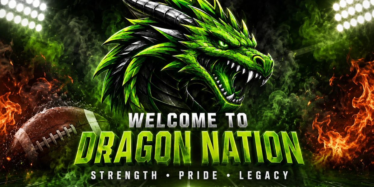 Green dragon with football and fire background.