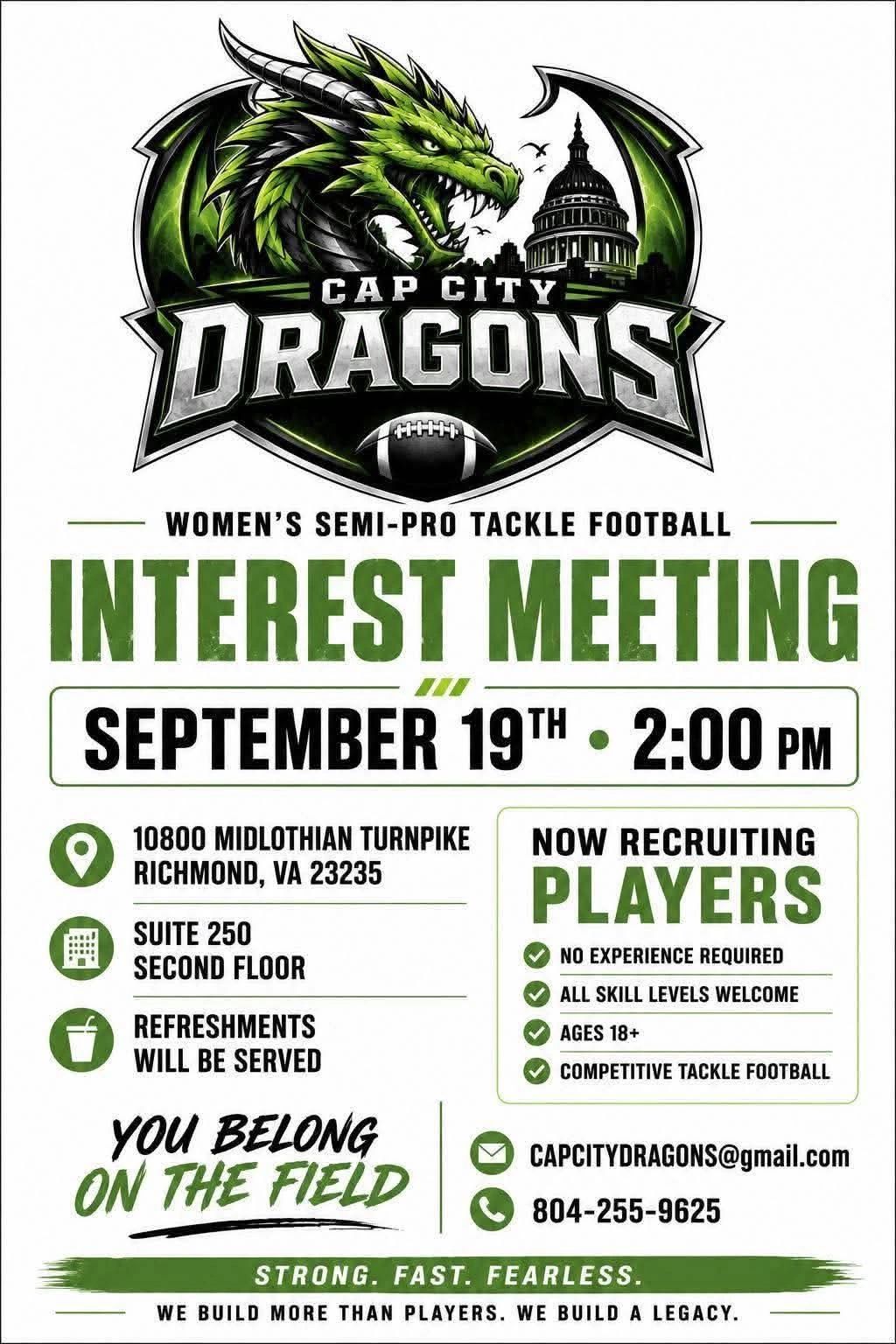 Interest meeting for Cap City Dragons women's football team.