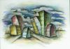 Untitled (buildings w/ clouds), n.d., Ink, acrylic and wash on paper, 10½ x 12 in. (27 x 30 cm)