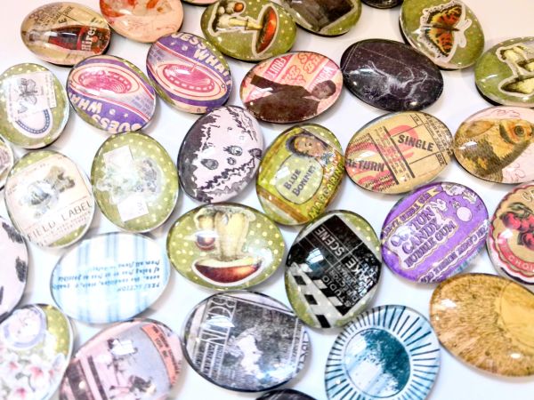 Colorful decorative stones with vintage prints.