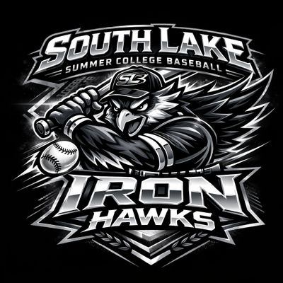 Dynamic black and white logo of South Lake Iron Hawks baseball team with fierce hawk swinging a bat.