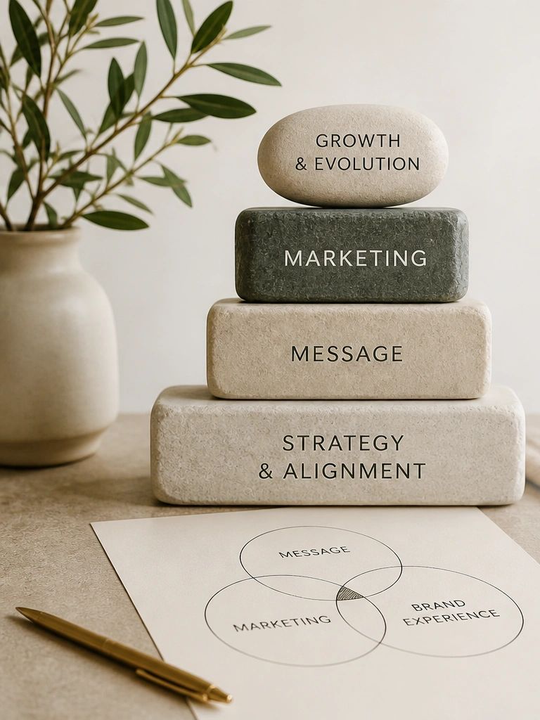 Stacked stones labeled with marketing concepts beside a Venn diagram on paper.