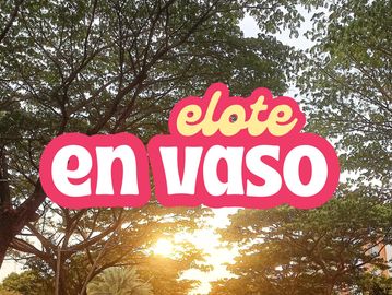 Logo of 'elote en vaso' against a backdrop of trees and sunset.