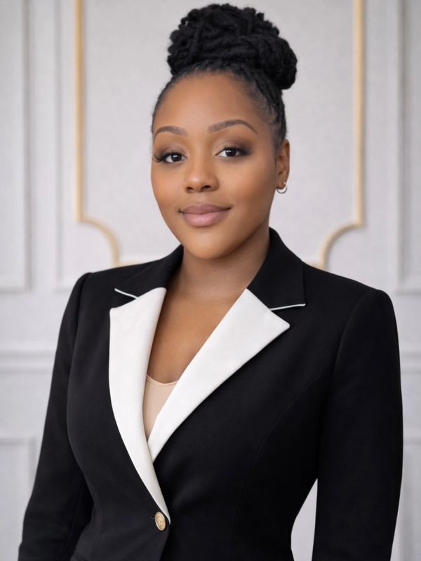 Confident woman with braided hair in a black and white blazer.