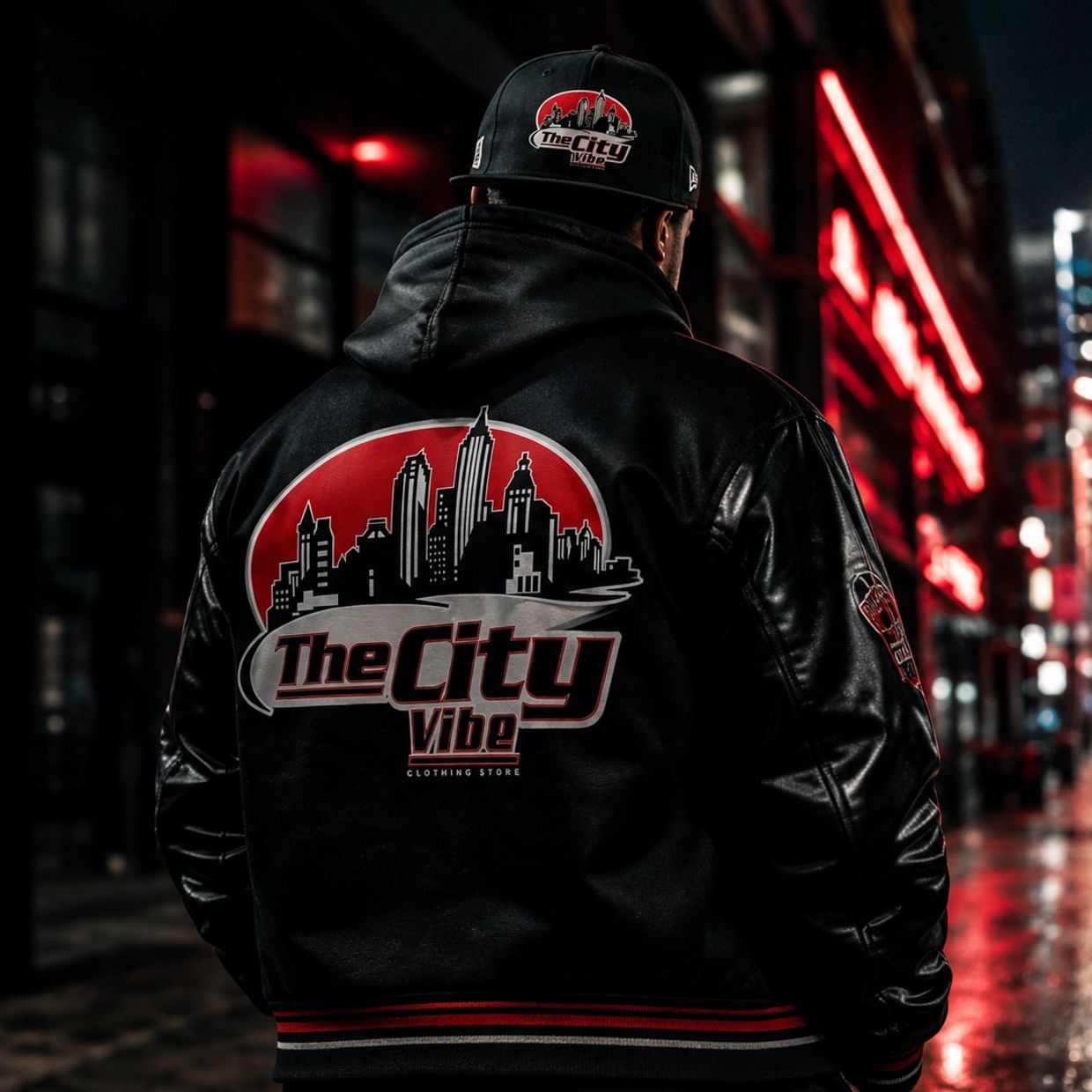 Man wearing a black jacket and cap with "The City Vibe" logo at night.