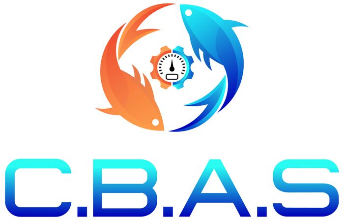 Blue and orange fish circling a gear and gauge above the acronym C.B.A.S.