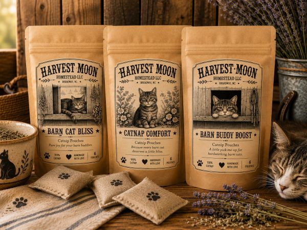 Three Harvest Moon catnip pouches with a cat peeking from the side.