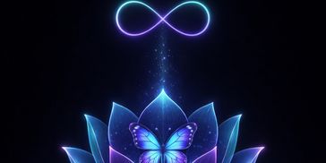 Glowing butterfly on a lotus with an infinity symbol above.