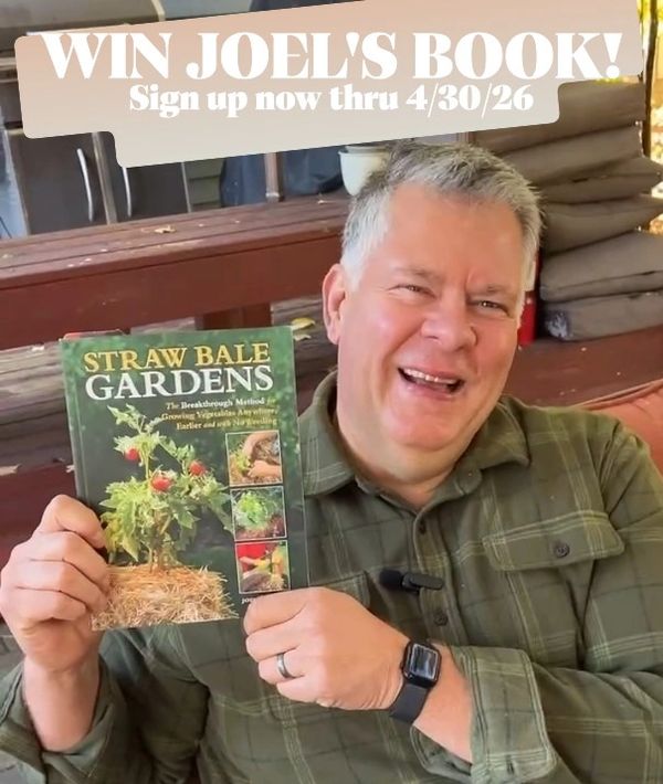 Sign up to win a book by Joel Karsten on straw bale gardening.
