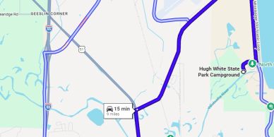 Map showing a 15-minute, 7-mile route near Hugh White State Park Campground.