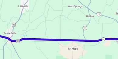Map showing route from Russellville through Littleville and Hatton.