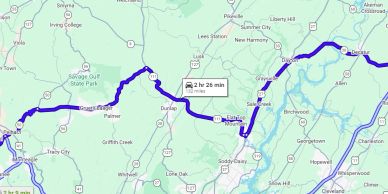 Map showing a driving route of 121 miles taking 2 hours 26 minutes.