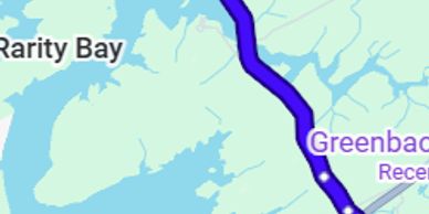 Map segment showing Rarity Bay and Greenback area with a highlighted route.