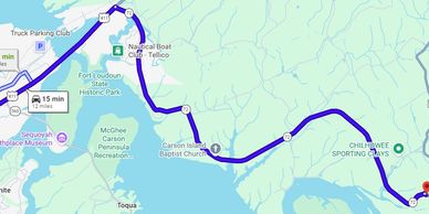 Route map from Chilhowee Sporting Clays to Truck Parking Club.