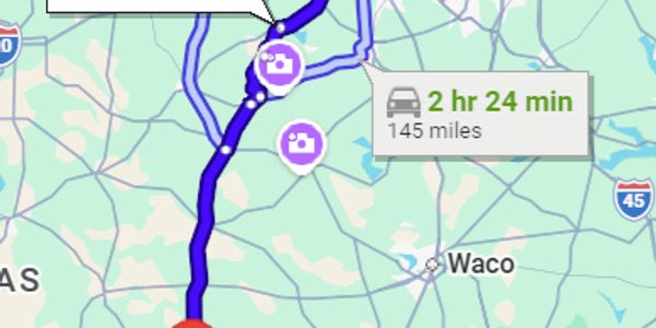 Map showing 2 hr 24 min drive covering 145 miles near Waco, Texas.