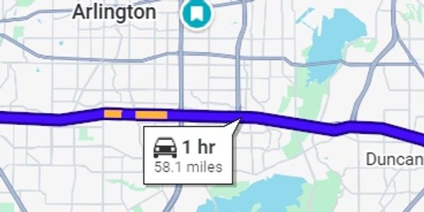 GPS map showing a 1-hour drive for 58.1 miles.
