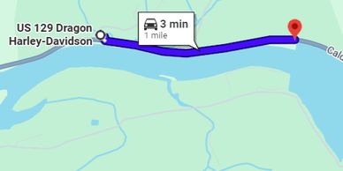 Map showing a 3-minute, 1-mile route from US 129 Dragon Harley-Davidson.