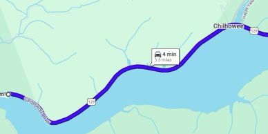 Map showing a 3.3-mile route from Chilhowee to an unnamed destination.