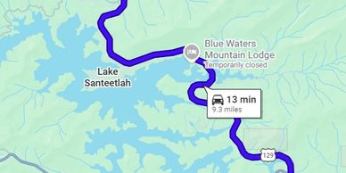 Map showing a 13-minute drive to Blue Waters Mountain Lodge near Lake Santeetlah.