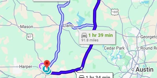 Map showing driving route from Austin to Harper, Texas.