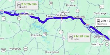 Map showing routes from Crossville to Gordonsville with travel times.