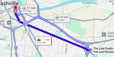 Map showing routes and travel times in Nashville.