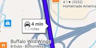 Map showing a 4-minute, 1.1-mile drive to Buffalo Wild Wings.