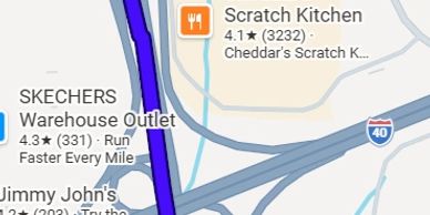 Map segment showing Scratch Kitchen near I-40 highway and Skechers Warehouse Outlet.