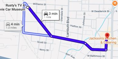 Map showing route from Rusty's TV &amp; Movie Car Museum to Jackson's Kitchen &amp; Catering.