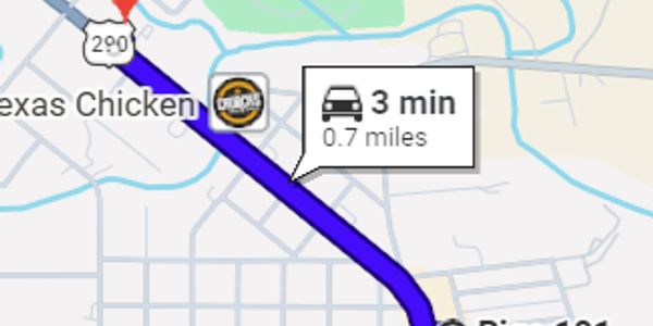 Map showing a 3-minute, 0.7-mile driving route near Texas Chicken.