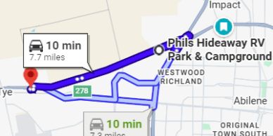 Map showing a 10-minute drive route to Phils Hideaway RV Park &amp; Campground.