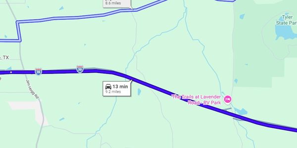 Map showing a 13-minute drive covering 9.2 miles on I-20 near Tyler State Park.