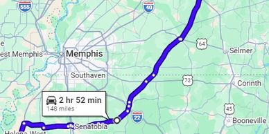 Map showing a 148-mile driving route near Memphis, Tennessee.