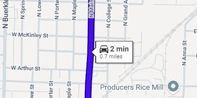 Map showing a 2-minute, 0.7-mile driving route on N Main St.