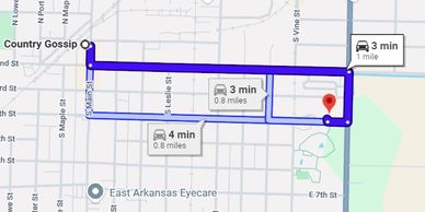 Map showing a 3-minute driving route covering 1 mile.
