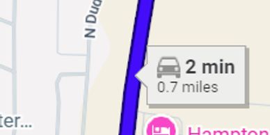 Map showing a 2-minute, 0.7-mile car route.