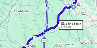 Map showing a 2 hour 36 minute route of 143 miles from Camden to Pine Bluff.
